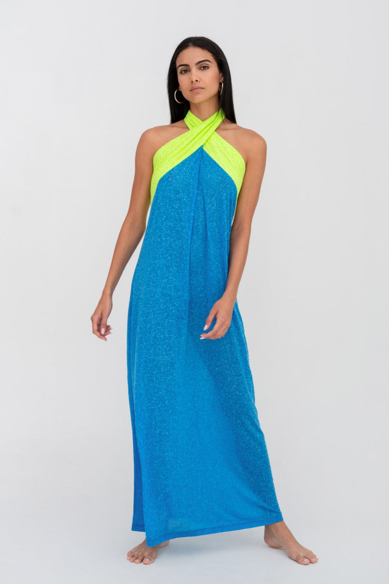 2 pieces Turquoise Blue Halter Neck With Criss Cross Back Top And Mini –  JeHouze.US